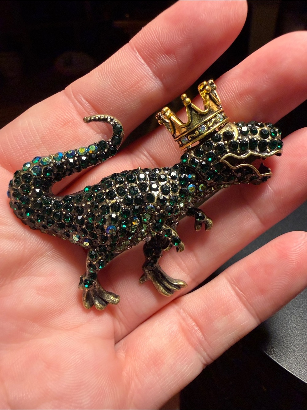 Crowned Crystal T-Rex Reptile Pin - Black Green
